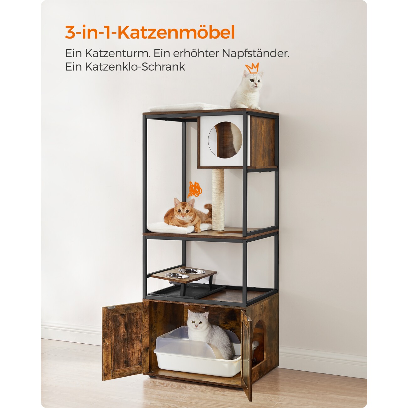 FEANDREA  Kratzbaum 3-in-1 mit erhöhter Napfständer braun