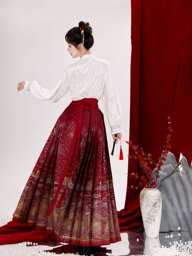 Keiko Girl - Hanfu-top met pofmouwen en bloemenjacquard / geplooide midi-rok met hoge taille en print / set
