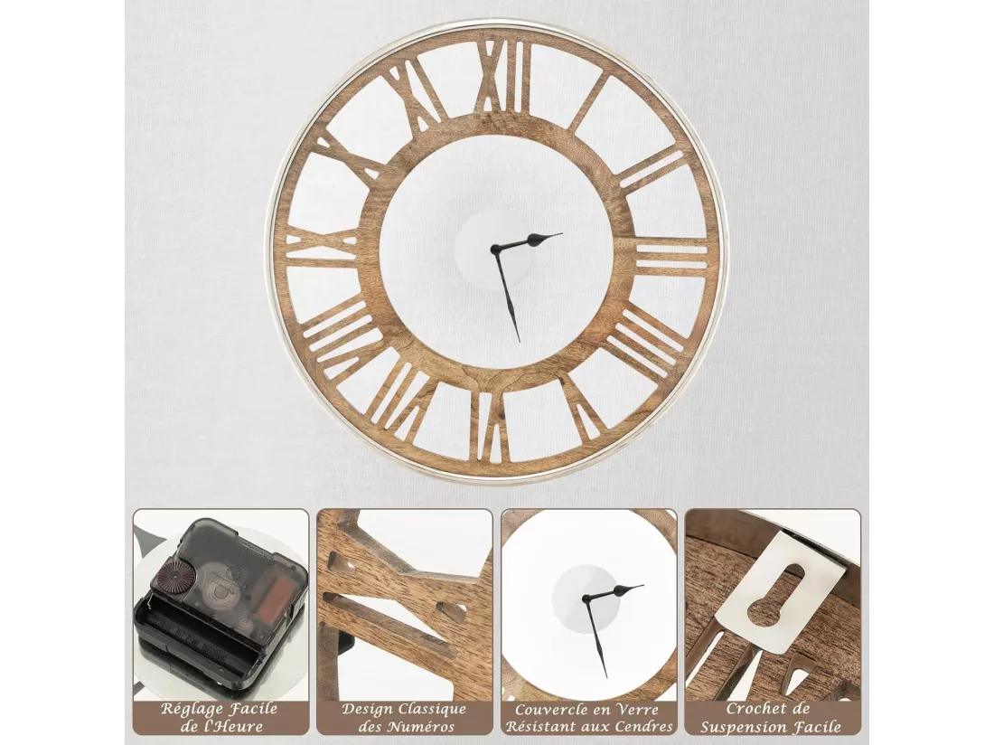 Horloge murale silencieuse de 51 cm, horloge ronde pour chambre bureau salon, bois naturel