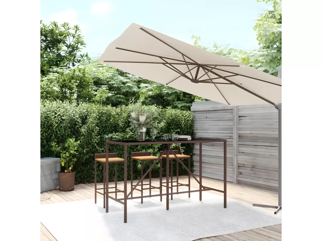 Prolenta Premium - Table de bar et dessus en verre marron 180x70x110 cm poly rotin