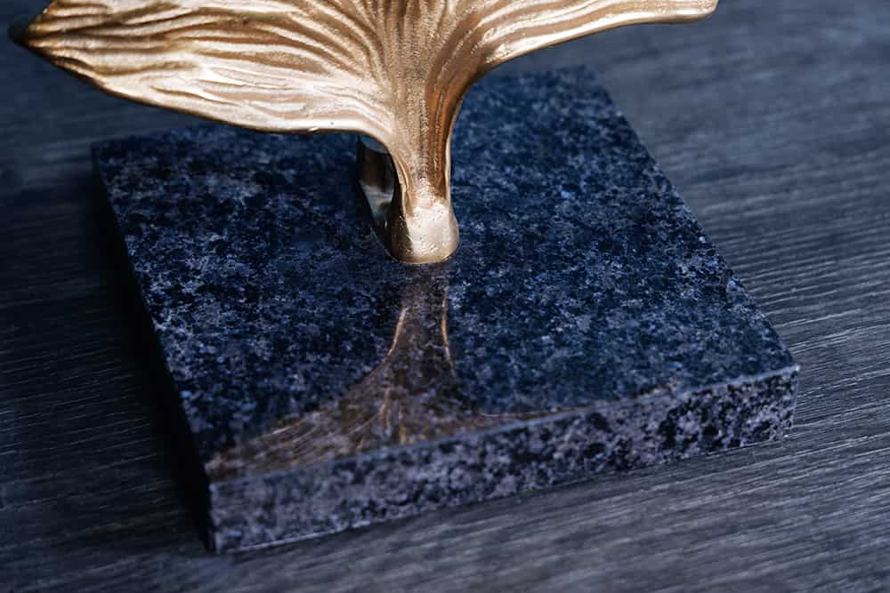 Design Stehlampe GINKGO 122cm schwarz Stoffschirm gold Metall handmade Marmor-Fuß