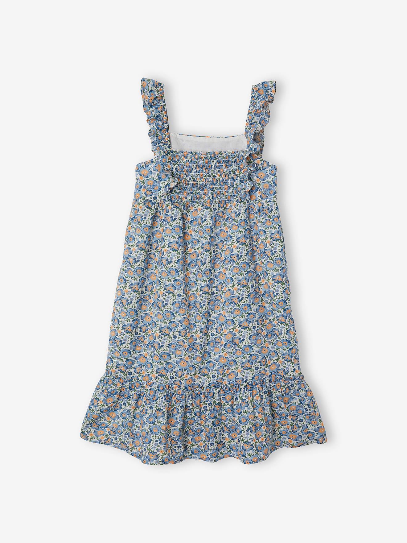 Vestido longo de alças finas com babados, para meninas, estampa amarelo escuro.