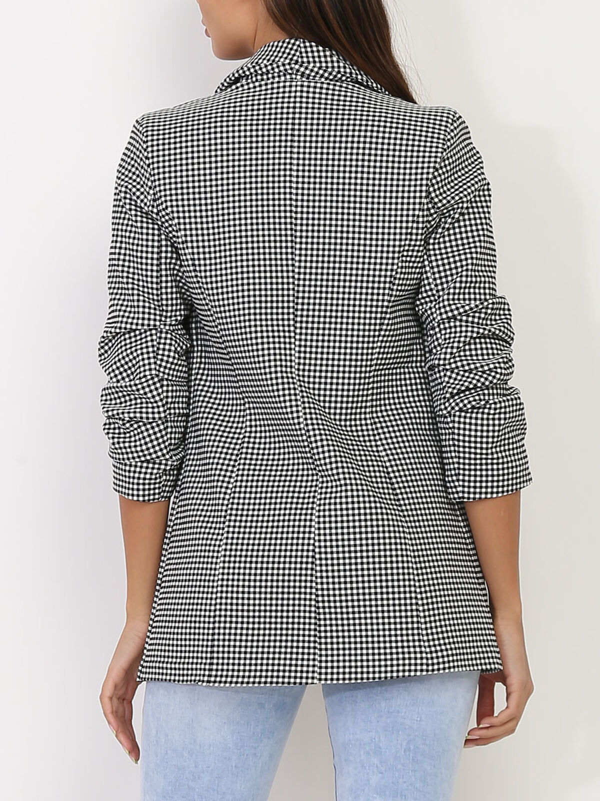 Blazer motif vichy à manches retroussées- Noir et Blanc