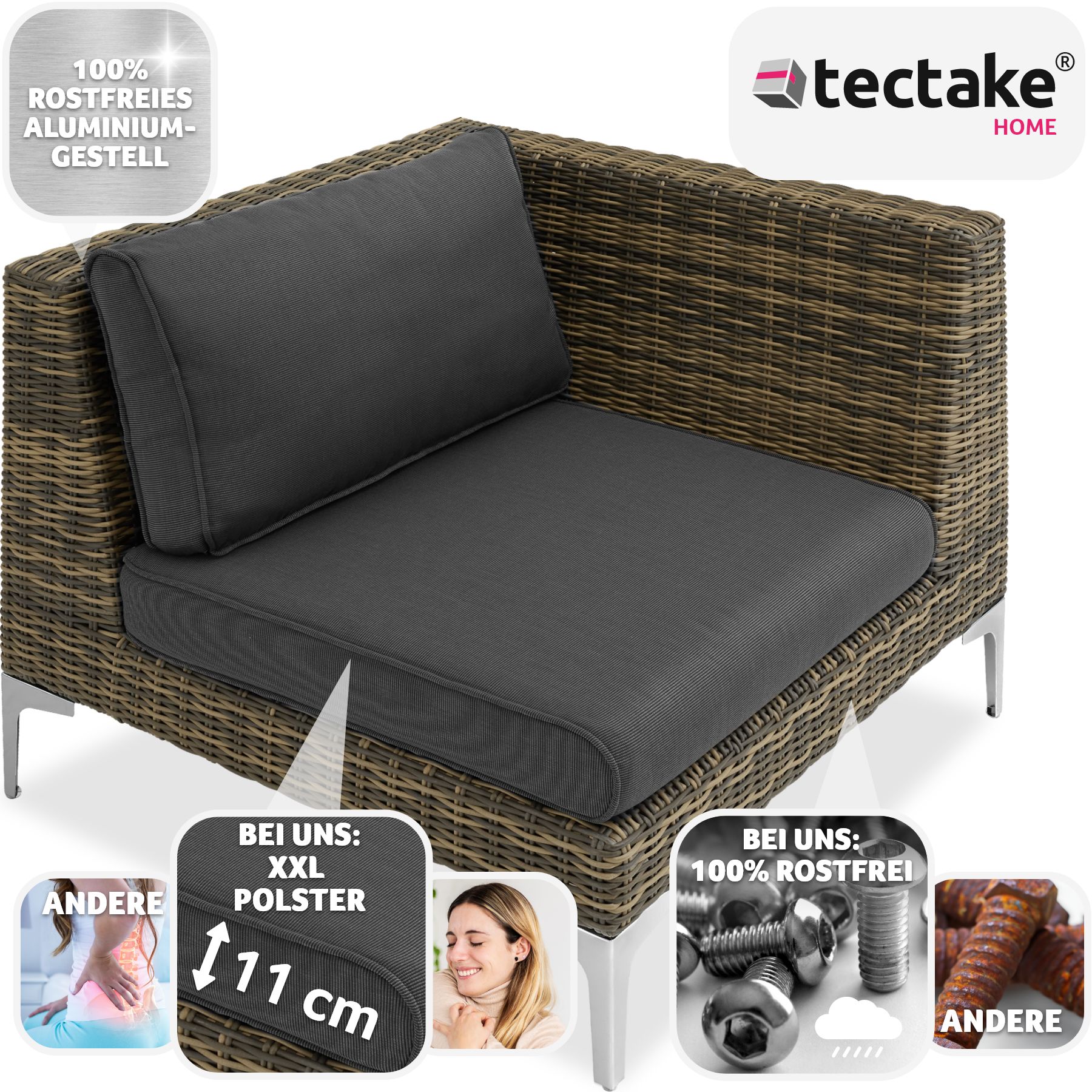 tectake® Modulares Rattanset, linkes Eckelement mit Aluminiumgestell, hochwertiges Geflecht, 89 x 89 x 72 cm