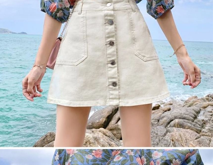 Coline - Hoge taille denim skort met knoopjes