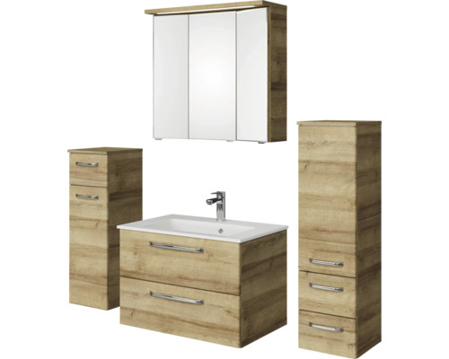 Pelipal Kumba badkamermeubelset (B x H x D): 137 x 200 x 50 cm, frontkleur: Riviera eiken, 5-delige set inclusief witte mineraalstenen wastafel, halfhoge kast en onderkast (99.770121472)