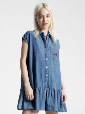Vestido Camisa Jeans Chambray com Insígnias