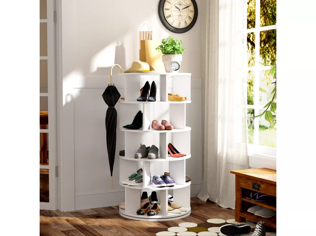 Meuble à chaussures d'angle rotatif avec 5 étagères - D 60 x H 115 cm - Panneau de particules - Blanc