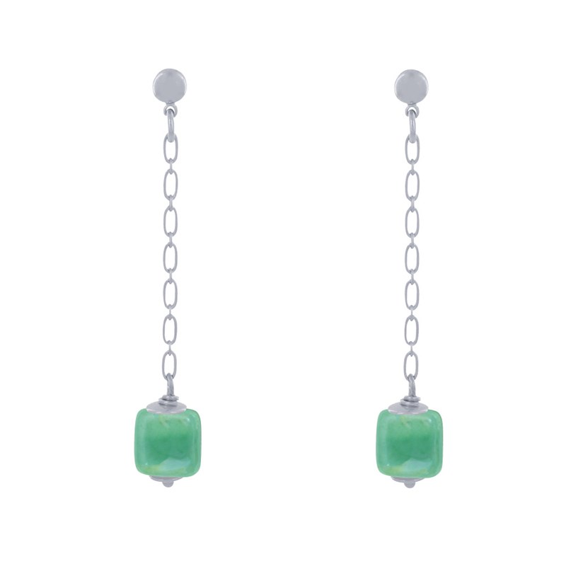 Boucles d'Oreilles Chainette Laiton Argenté et Cube en Céramique