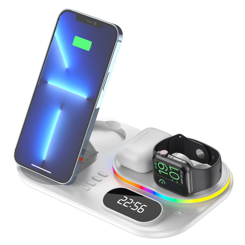 (30W) 4in1 Apple Watch / Smartphone / AirPods Qi Fast Charging Ladegerät Ständer Dockingstation   Zeitanzeige - Schwarz