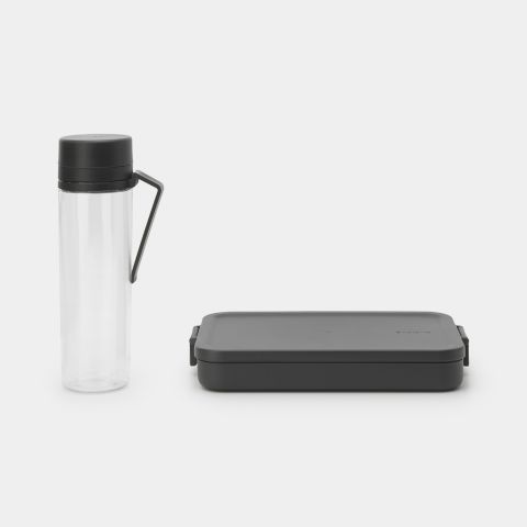 Make & Take Break Set 2-delig, kunststof (waterfles met zeef, lunchbox plat) - Dark Grey