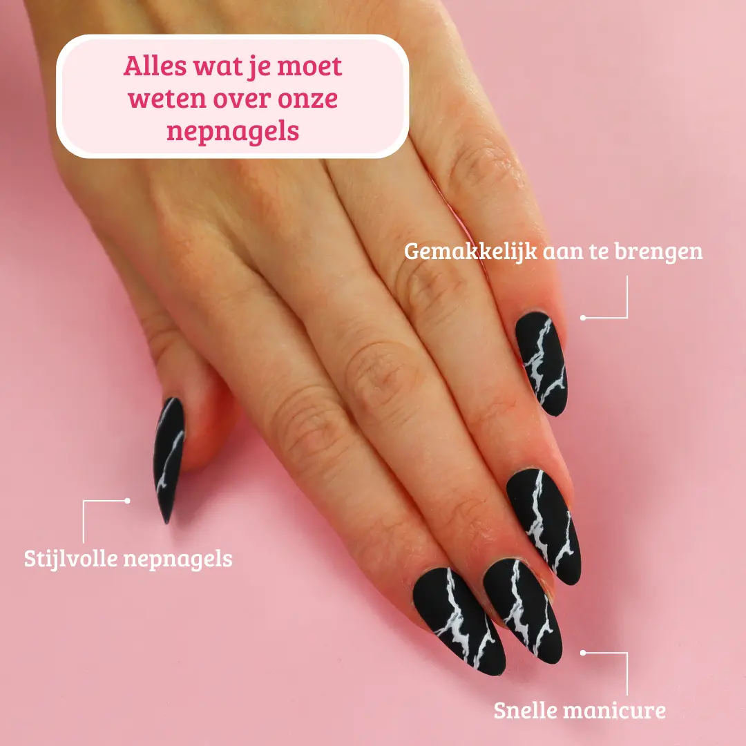 Press On French Nails Black Marble
