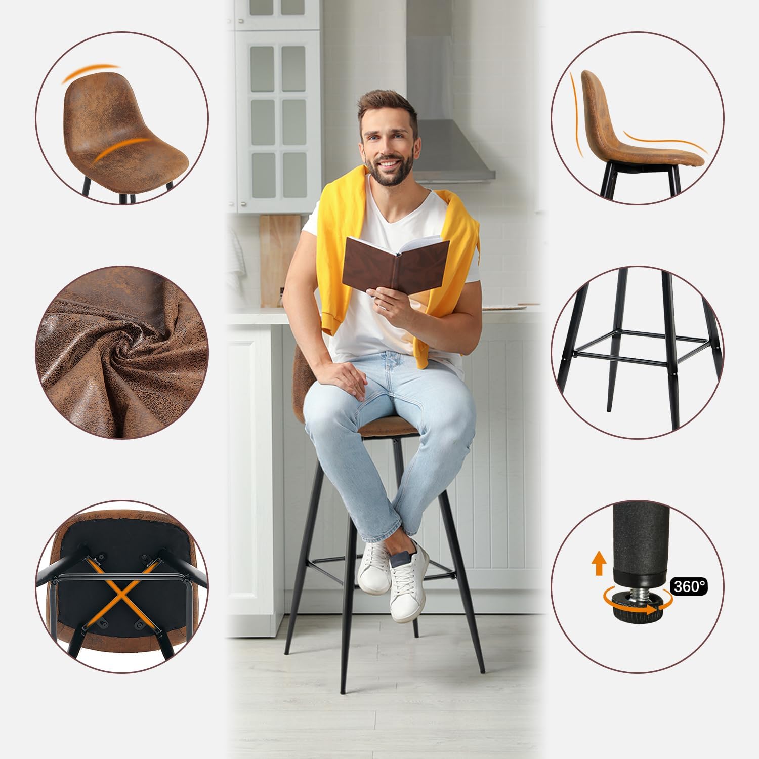 MEUBLE COSY Barhocker 2er Set Retro Barstuhl Vintage mit Rücklehne und Fußstütze aus Künstlich Wildleder Metallbeine für Bar Bistro Café Küche, Kunstleder, Braun