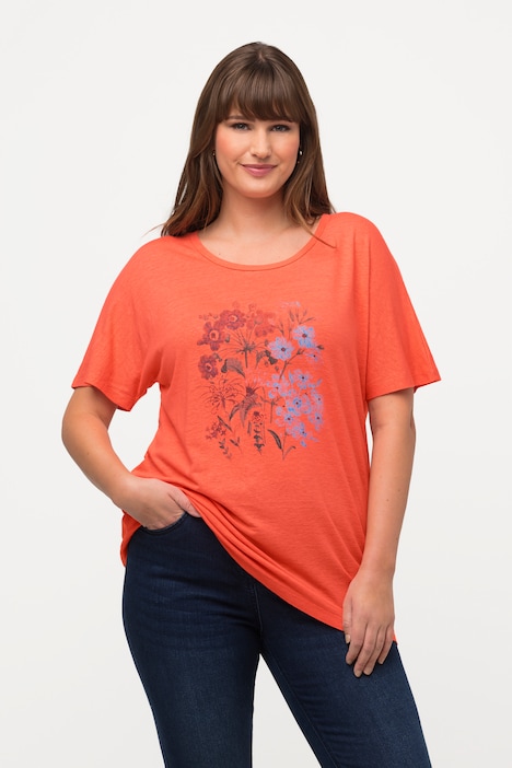 Shirt, Blüten, Oversized, Rundhals, Leinenmix