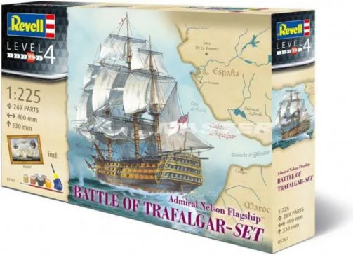 Revell modelskib 1:225, gavesæt BATTLE OF TRAFALGAR, skala 1:225, niveau 4, trofast kopi med mange detaljer, sejlskib HMS Victory, med grundlæggende tilbehør og plakat, 05767, 144 År