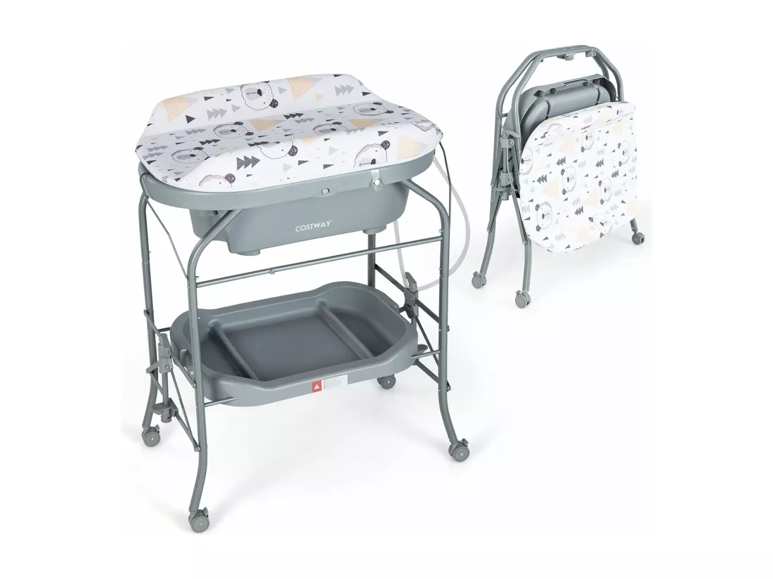 Table à Langer 2 en 1 avec Baignoire 20L Plateau de Rangement, Commode à Langer Pliable Couches Étanches Roue Universelle à Frein Charge 35KG, pour Bébé 0-12 Mois,Gris
