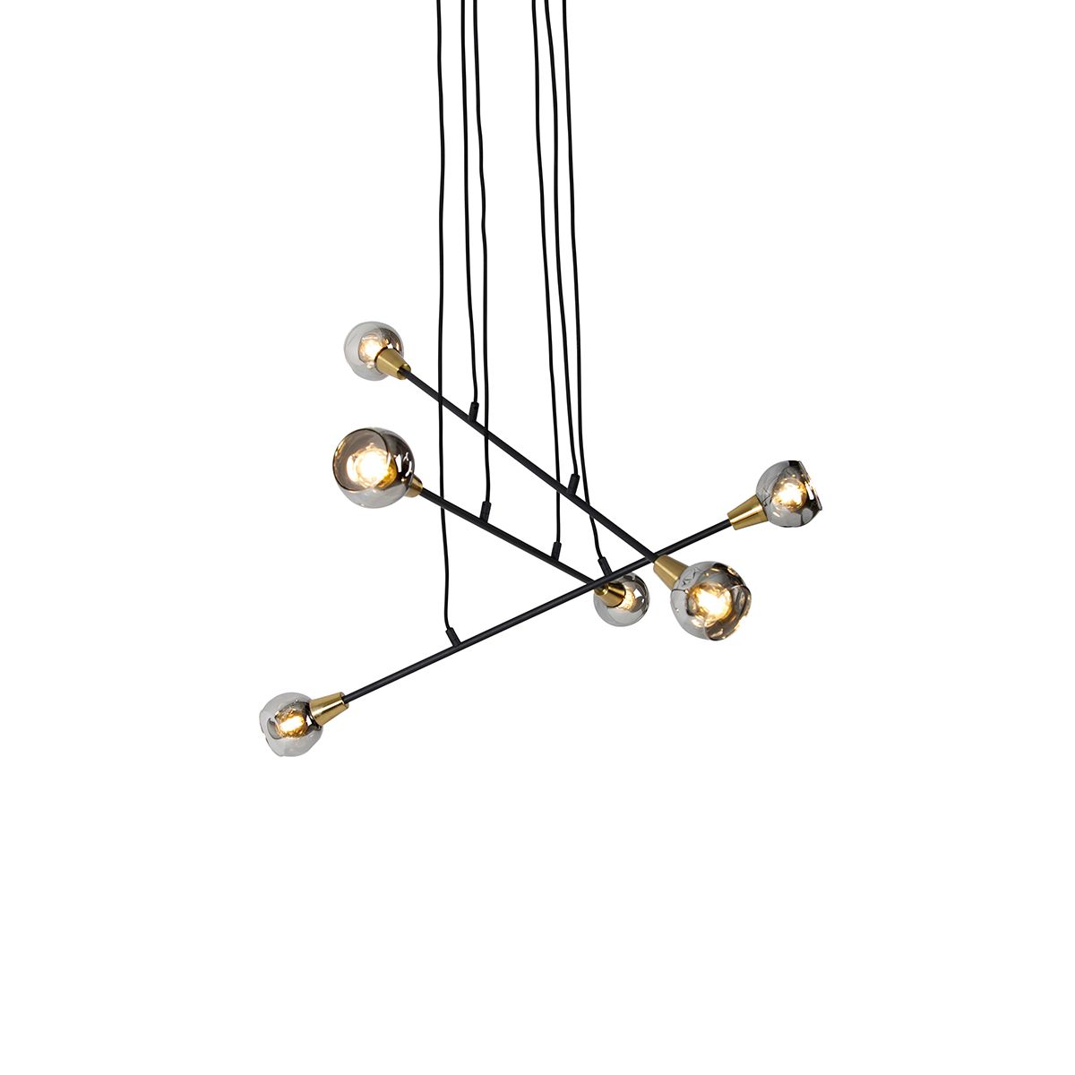 Hanglamp zwart met messing en smoke glas 6-lichts - Vidro