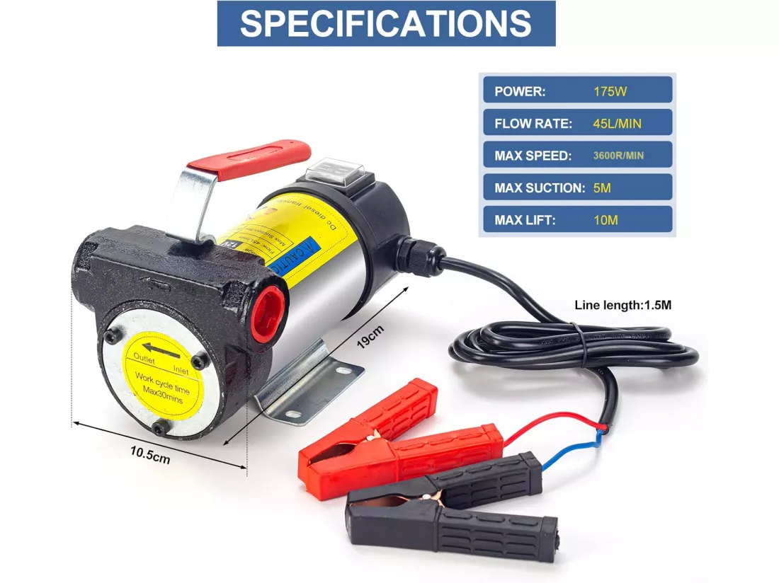 Pompe diesel 12V 175W, Pompe d'aspiration d'huile électrique, Pompe à carburant 45L/Min, Max. distance de levage 10M, aspiration max 5M