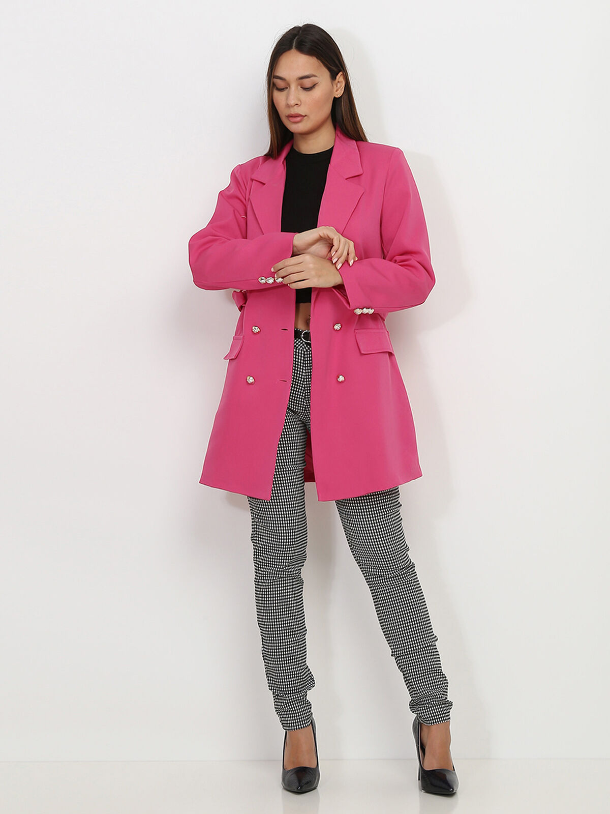 Blazer long ceinturé à boutons officier- Fuchsia