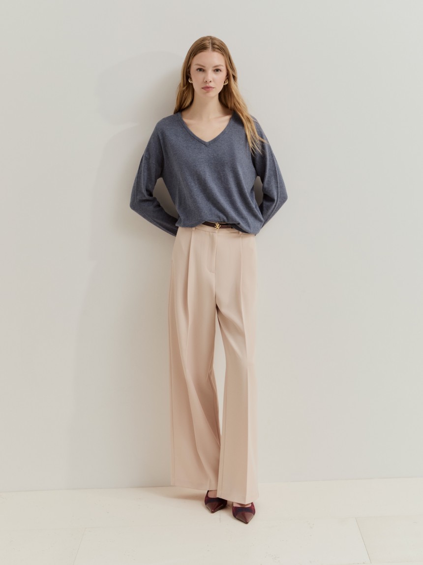 Pullover decote em V com algodão e lã