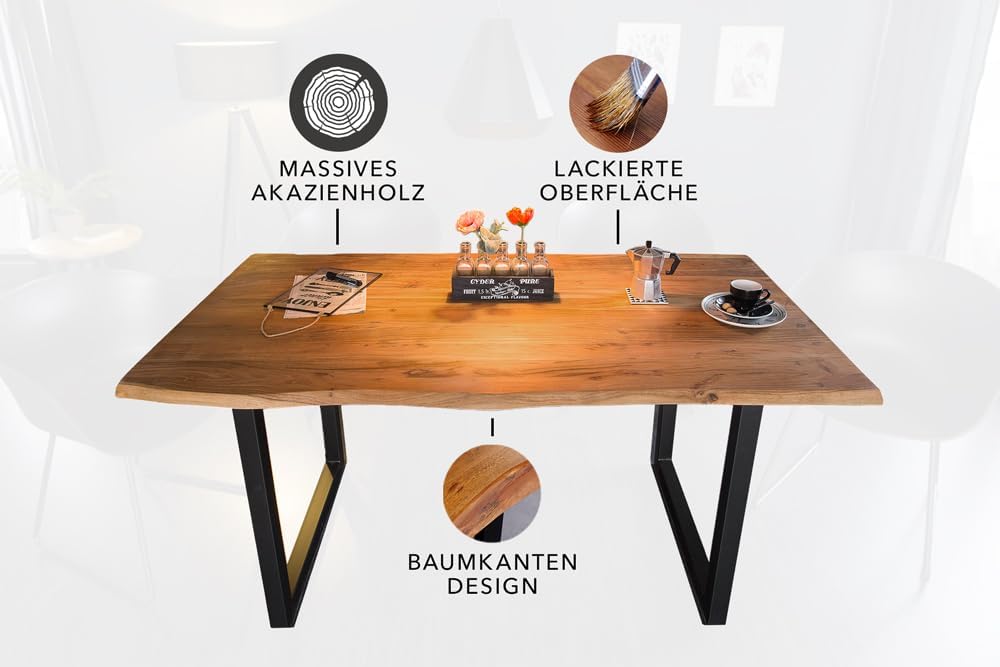 riess-ambiente.de Massivholz Esstisch Mammut 160cm Wild-Akazie Industrial Design 2,6cm Tischplatte