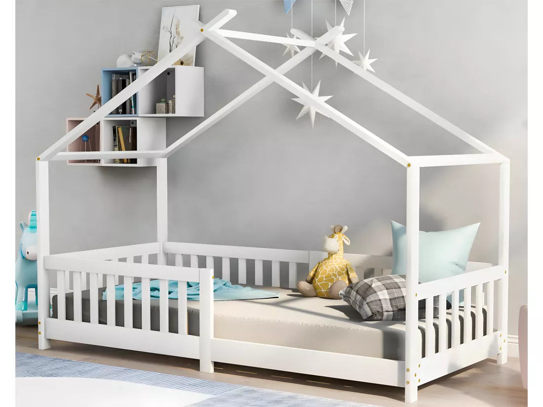 Lit cabane lit enfant 90x200cm en bois massif avec protection antichute et sommier à lattes - Blanc