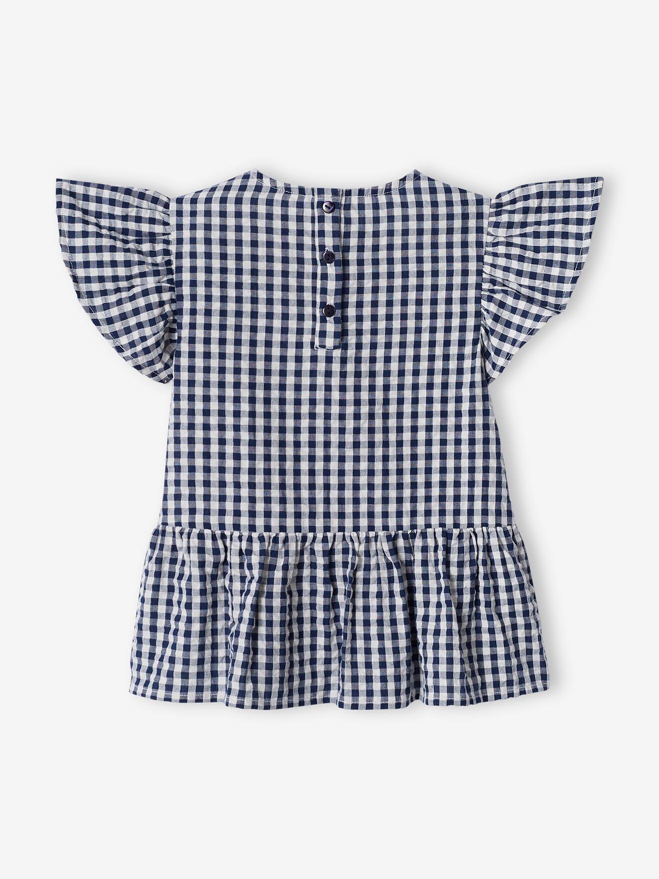 Blusa xadrez vichy com babados para meninas, azul marinho.