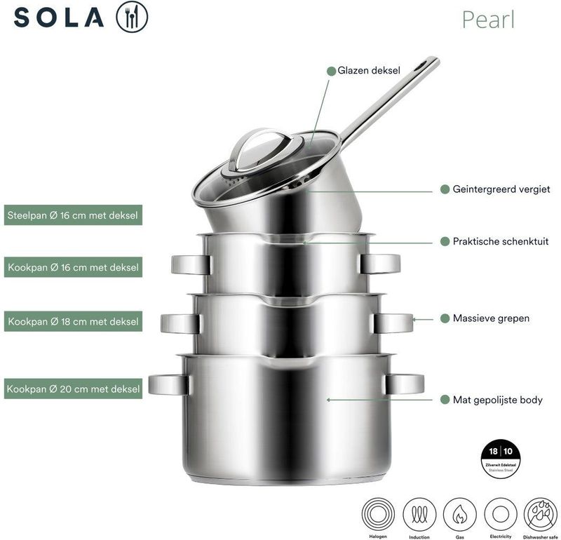 Sola - Pearl - Pannenset - Kookpannen Set 4 Delig - Zilver - RVS