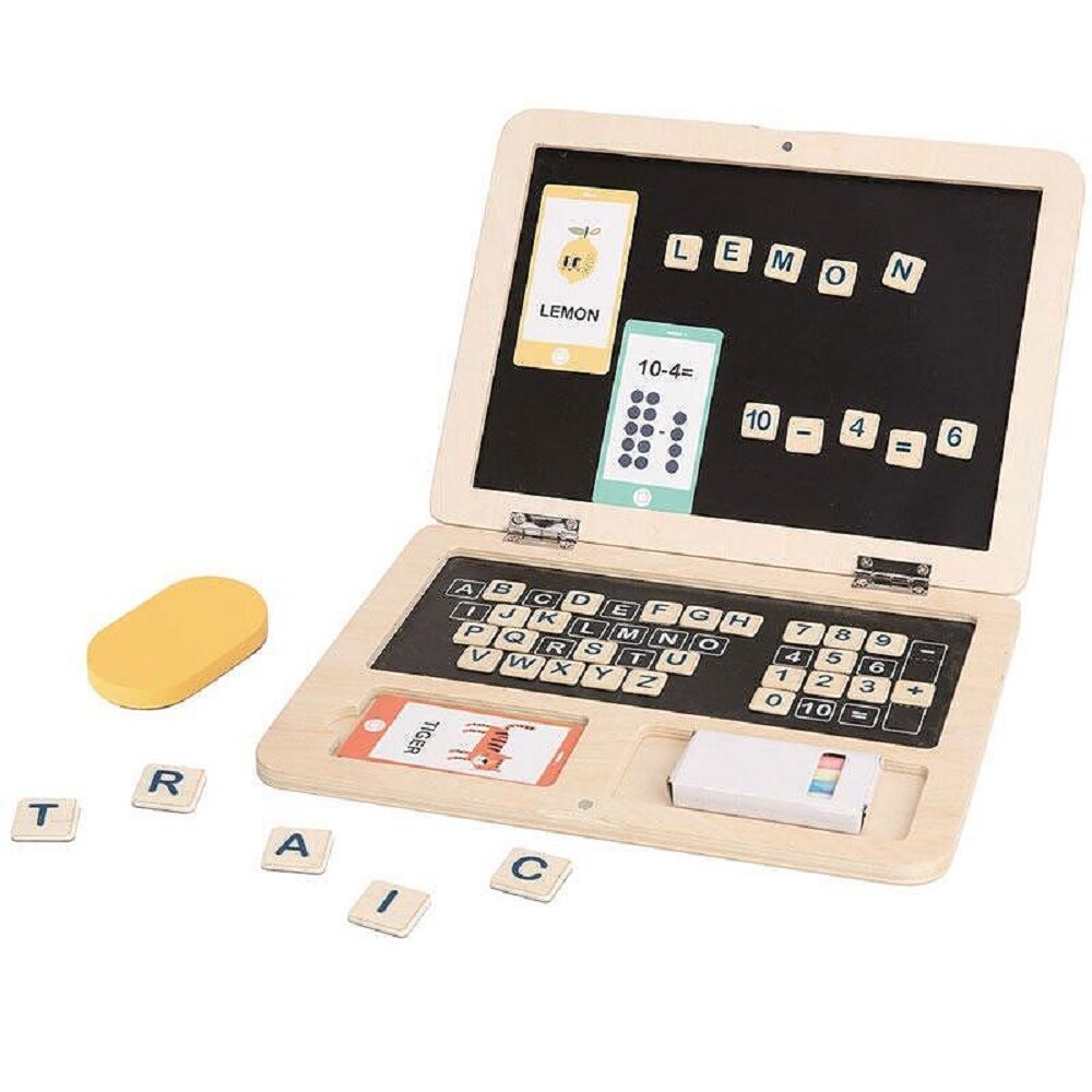 Tooky Toy Kinderspielzeug Holz-Laptop TH819, Magnet-Buchstaben, bunte Kreide beige