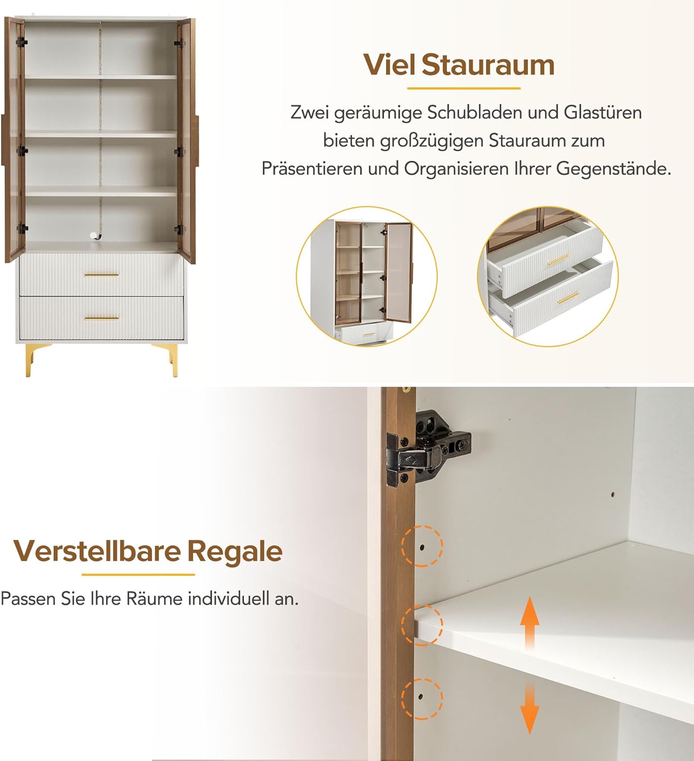 Elegante Glasvitrine mit Zwei Türen - 70 * 35 * 150cm - Glastüren, goldene Beine, bewegliche Einlegeböden, Vitrine mit LED-Licht, Schrank, Glasvitrine, Hochschrank, Standvitrine