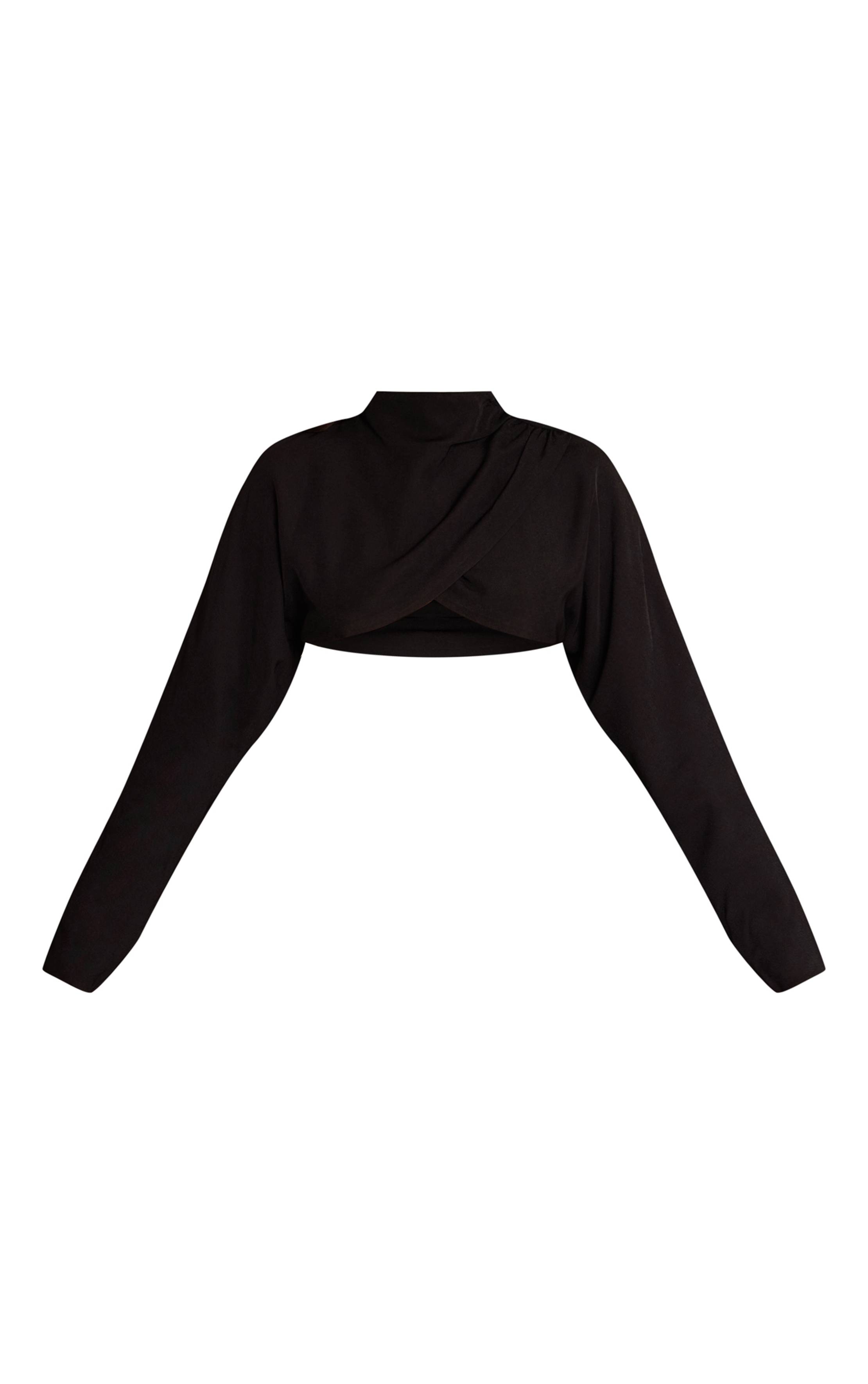 Noir Haut Court Croisé À Manches Longues En Tissu Tissé Premium
