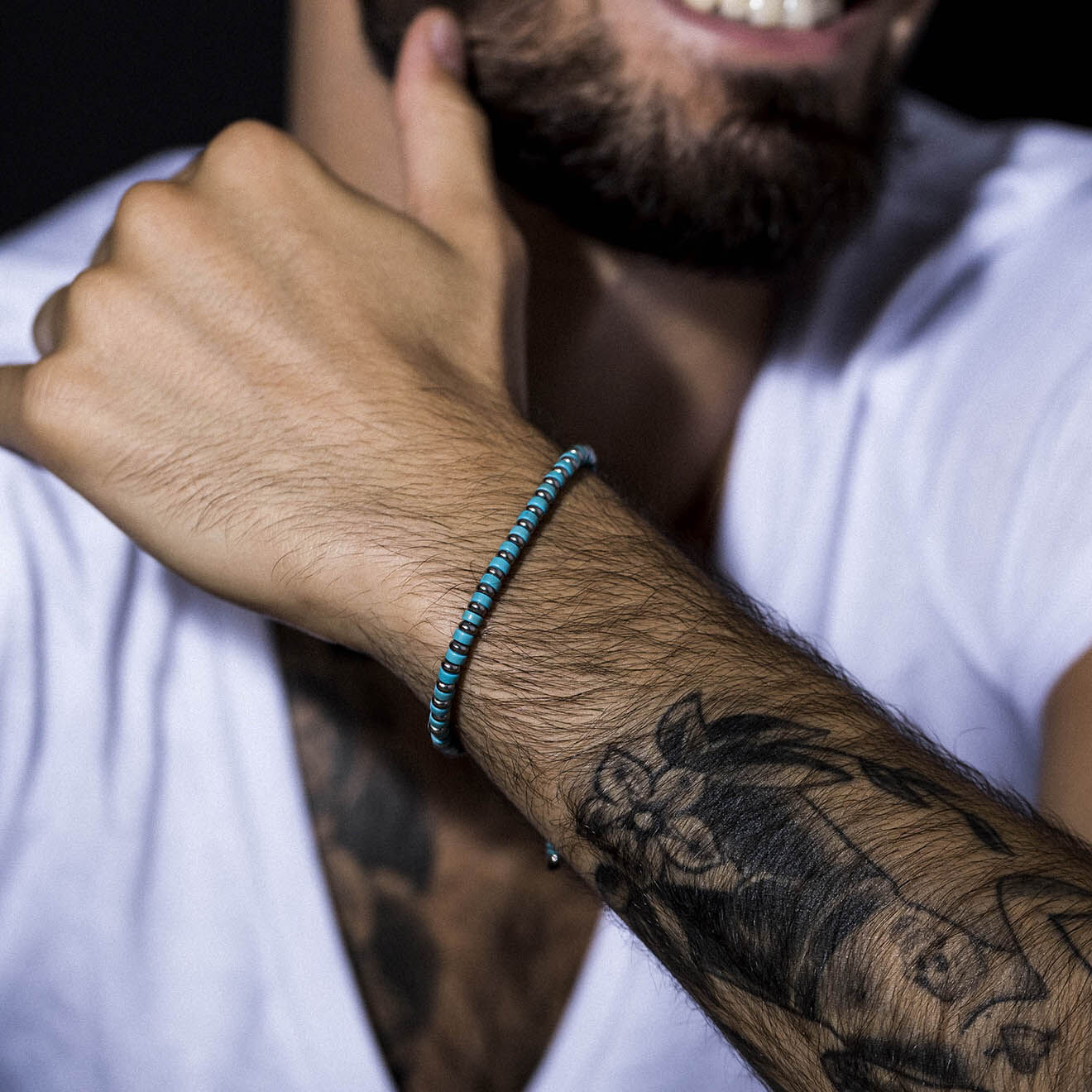 Jacobson Bracelet Blue Disk Stone en Acier & Perles bleu