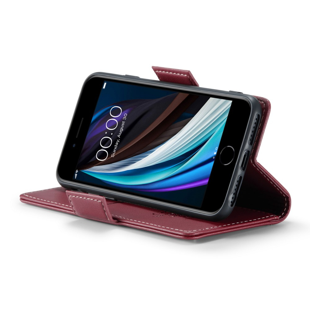 iPhone SE (2022/2020) / 8 / 7 / 6S Leder Tasche Flip Wallet Etui mit Kartenfächern Litchi Look (RFID Schutz) - Rot