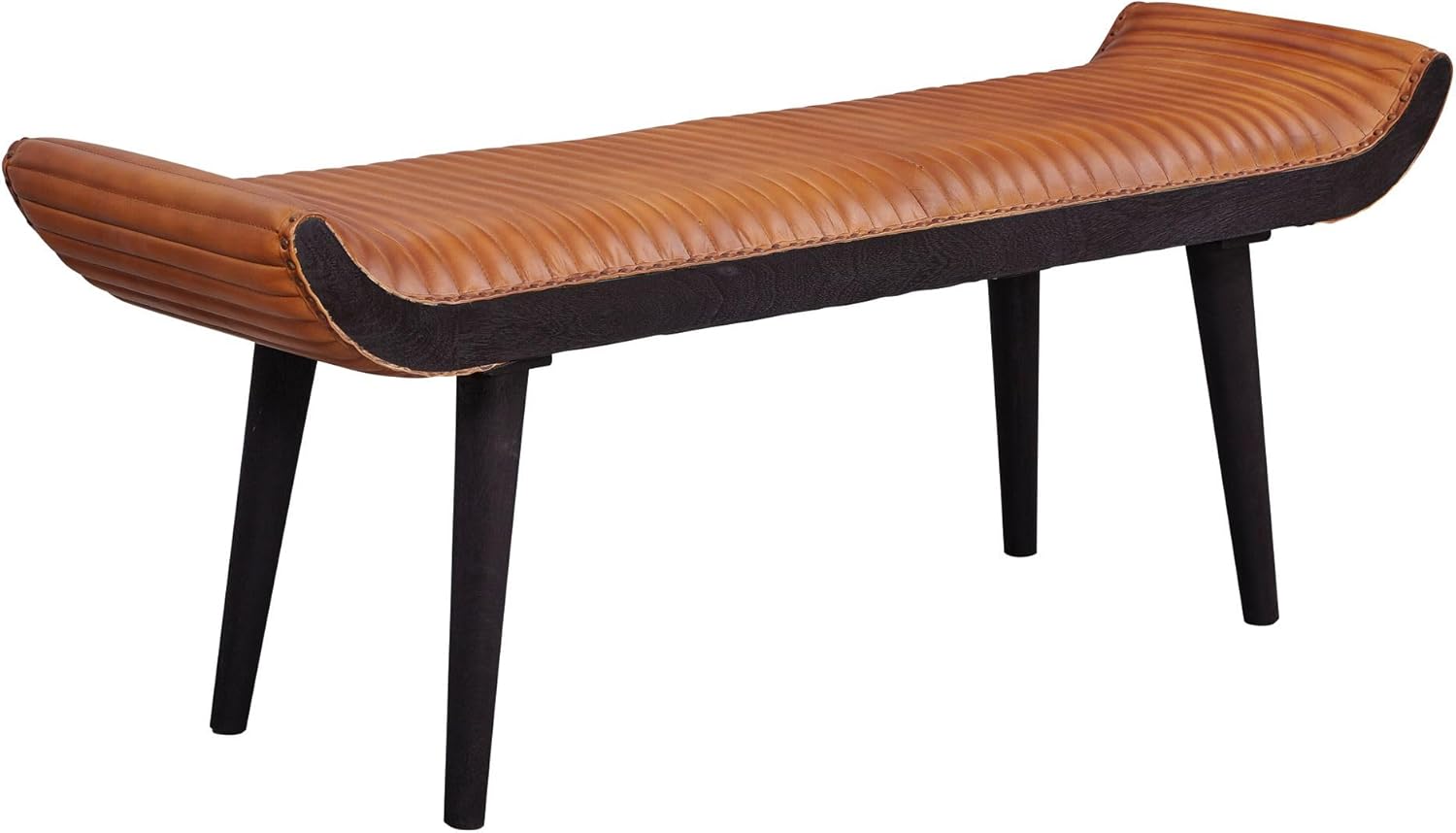 FineBuy gepolsterte Sitzbank 125 cm Massivholz Echtleder Braun - Retro Polsterbank für Garderobe Schlafzimmer & Wohnzimmer - Garderobenbank Eingangsbereich - Handmade