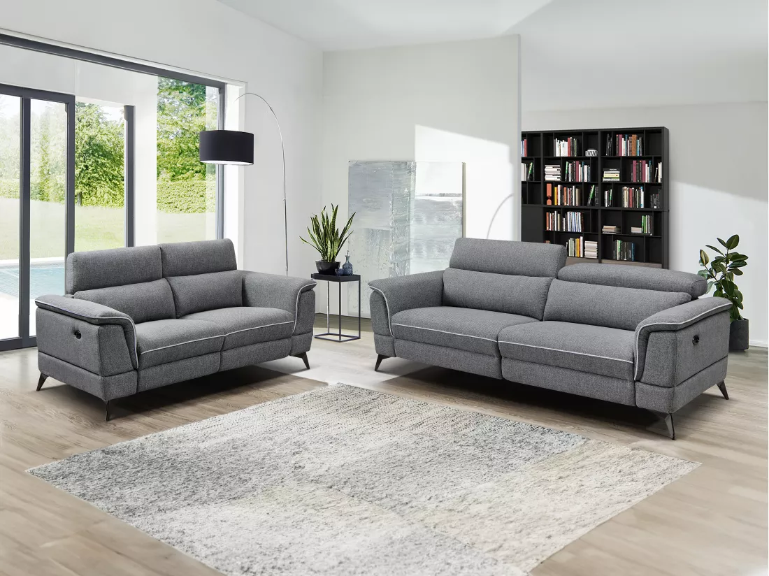 Canapés 3 places et 2 places relax électrique en tissu gris MACARI