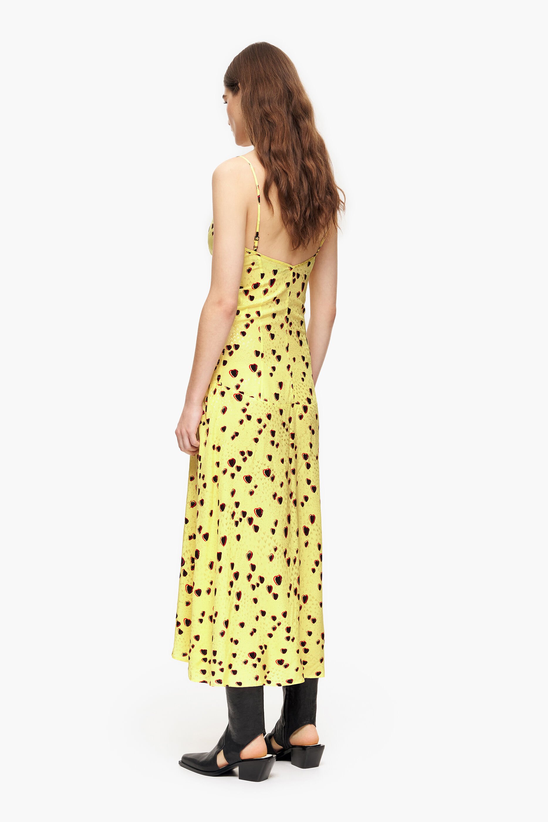 Vestido midi de alças com estampa de corações pequenos amarelos