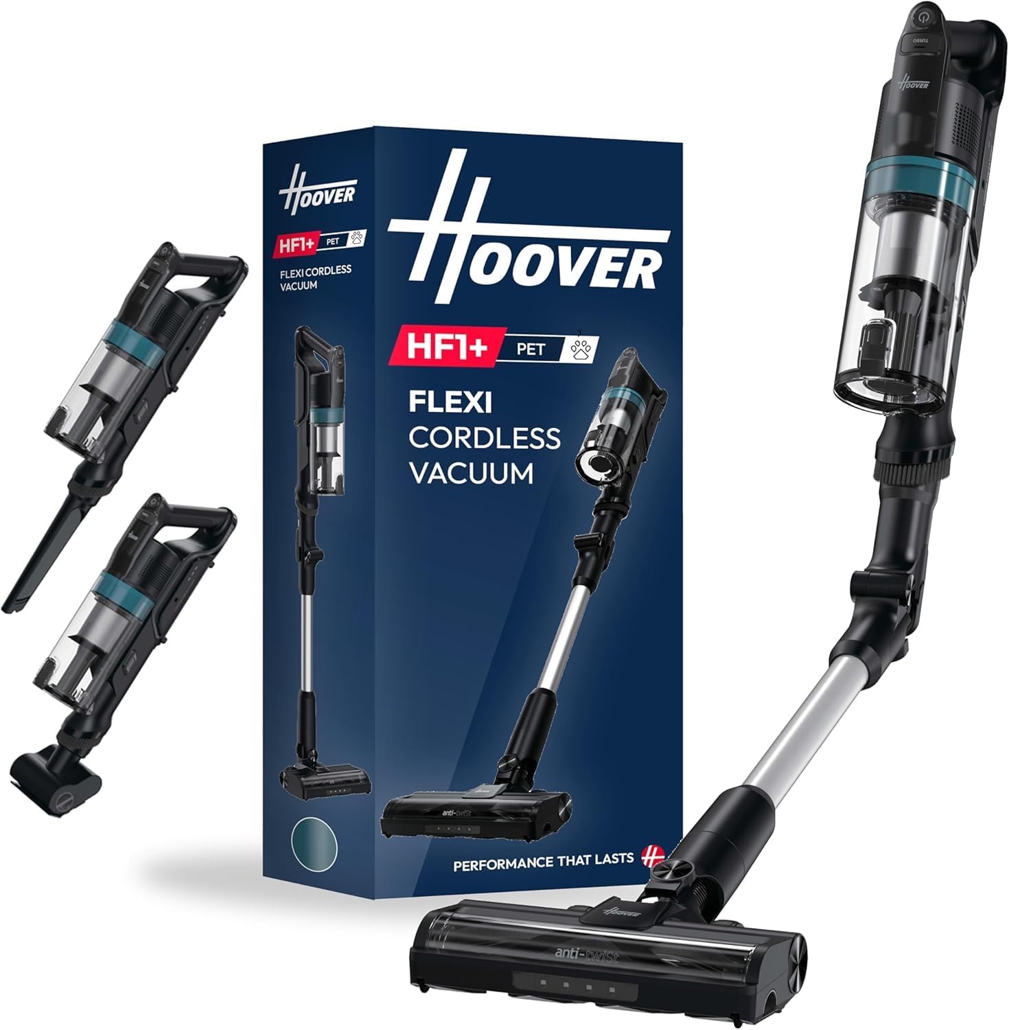 Hoover Akku-Staubsauger kabellos HF1 Plus mit flexiblem Rohr, Turbo-Modus, Universalbodendüse mit Anti-Twist-Technologie, 45 Min. Laufzeit, Parkfunktion, Mini-Turbodüse für Tierhaare [HF1PZ10PX]