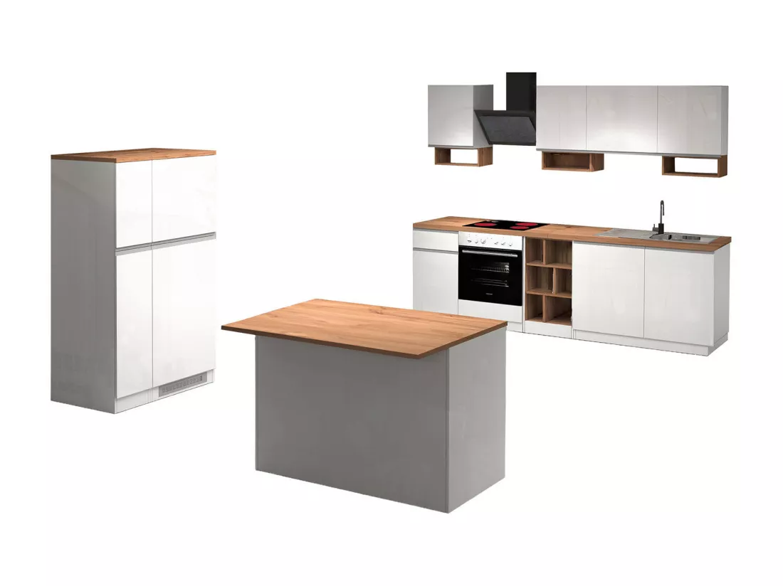 Cuisine complète Daquilant, Ensemble avec garde-manger, Meuble de kitchenette, Kit bloc avec îlot et porte-frigo, 100% Made in Italy, Blanc brillant et chêne