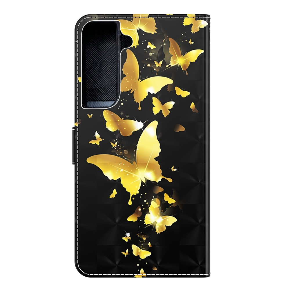 Samsung Galaxy S22 5G Leder Tasche mit Kartenfach   Handschlaufe - Schmetterling (Schwarz / Gold)