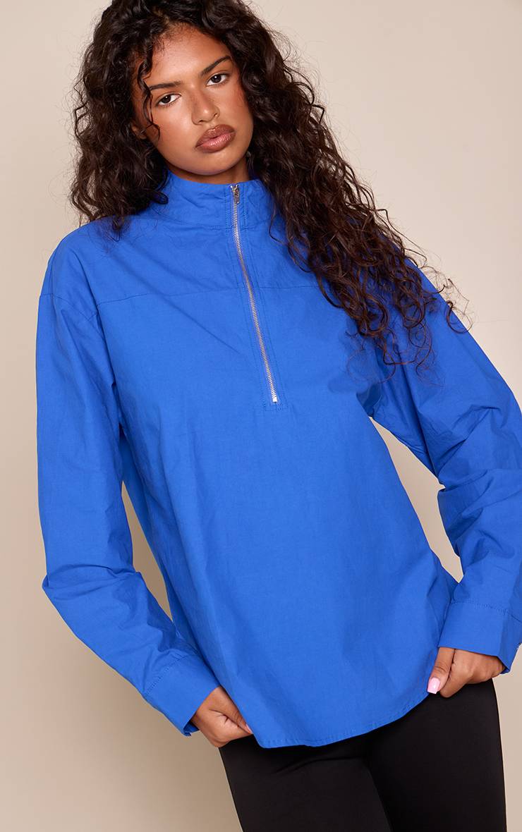 Bleu Cobalt Chemise Col Montant Bleu Avec Détail Zip