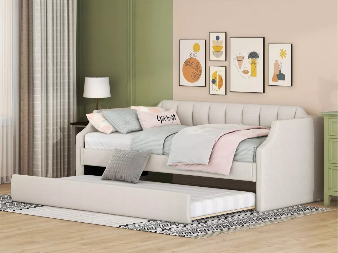 Lit gigogne 90x190/200cm en tissu de lin - avec sommier à lattes - Beige