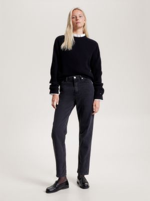 Calça jeans preta clássica de cintura alta e corte reto