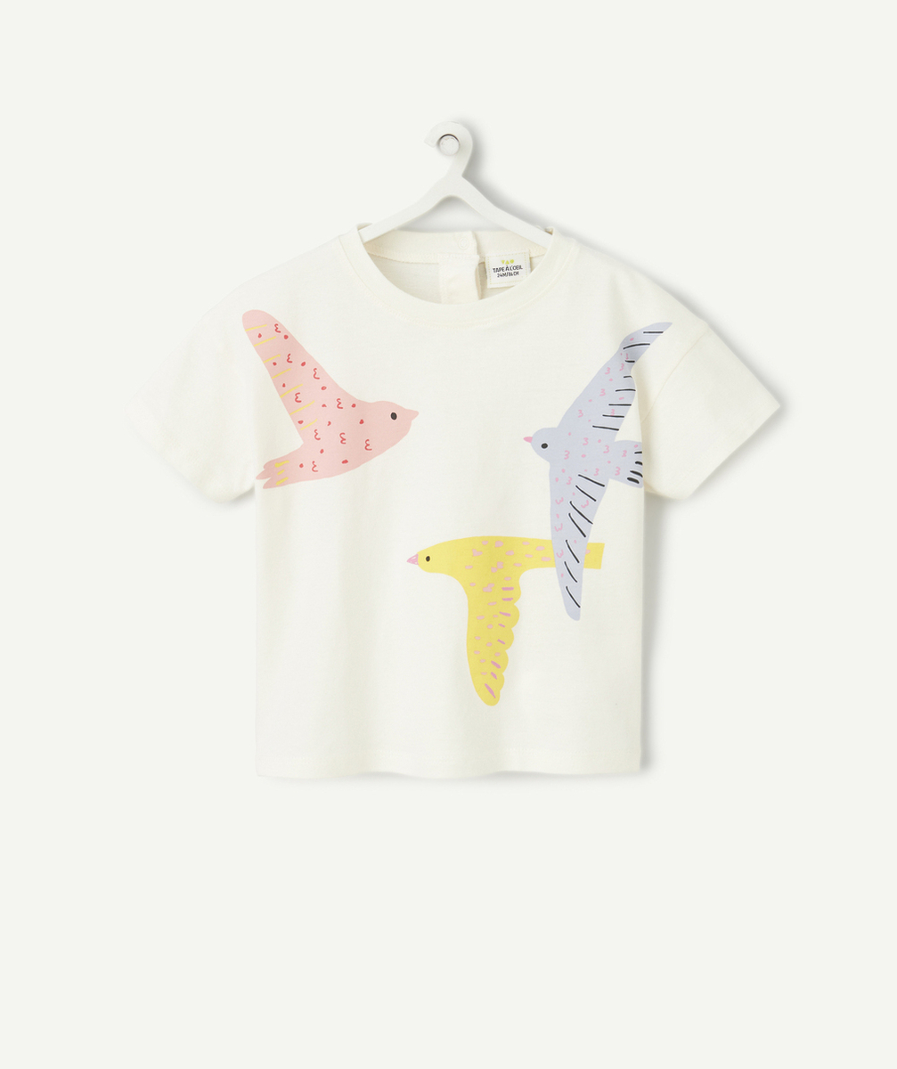 T-SHIRT MANCHES COURTES BÉBÉ FILLE EN COTON BIO ÉCRU MOTIF OISEAUX