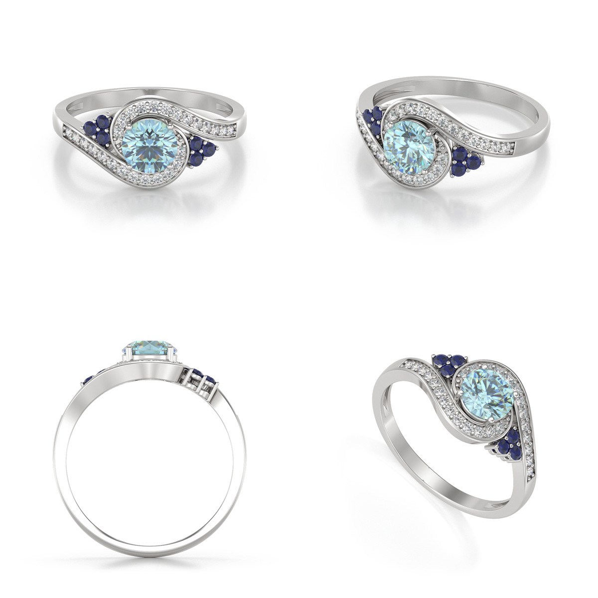 Bague ADEN Or 585 Blanc Aigue-Marine Saphir et diamants 2.702grs