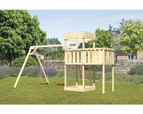 Speeltoren/speelhuis Karibu Leeuwenhart, 107 x 107 cm, van hout, bestaande uit 2 schommelsets en een aanbouw.