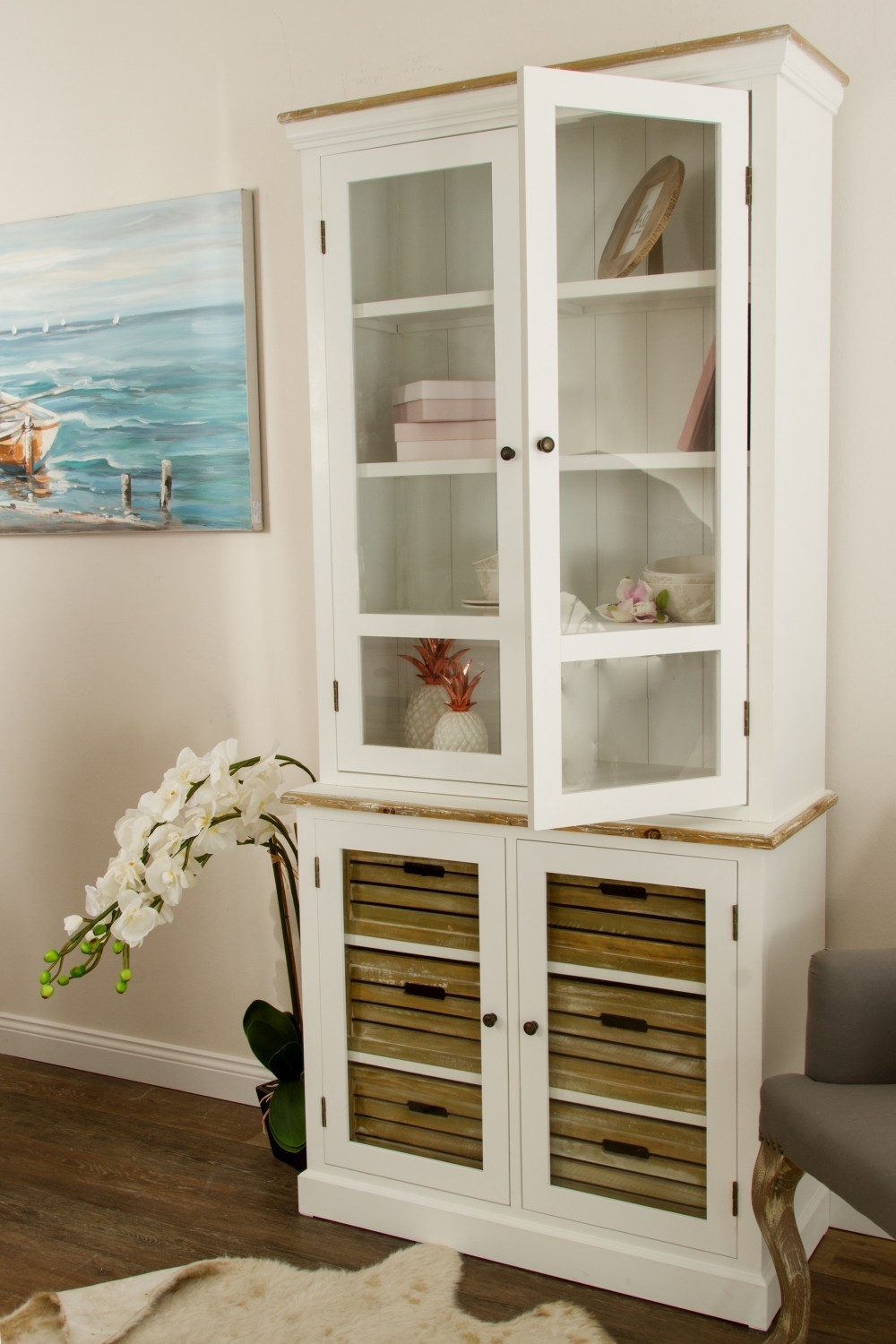 Vitrine PROVENCE - antik weiß - mit Körben - 200 cm