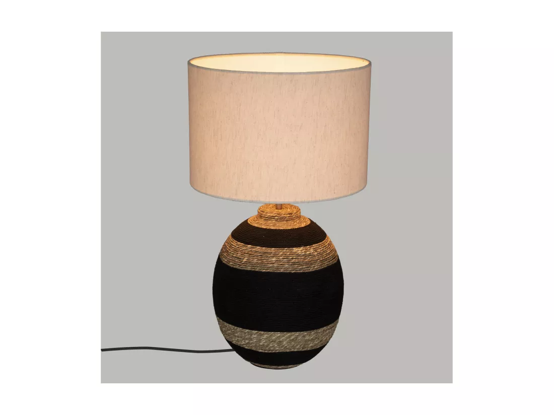 Lampe à poser en Coton Noir et Osier tressé H 58 cm