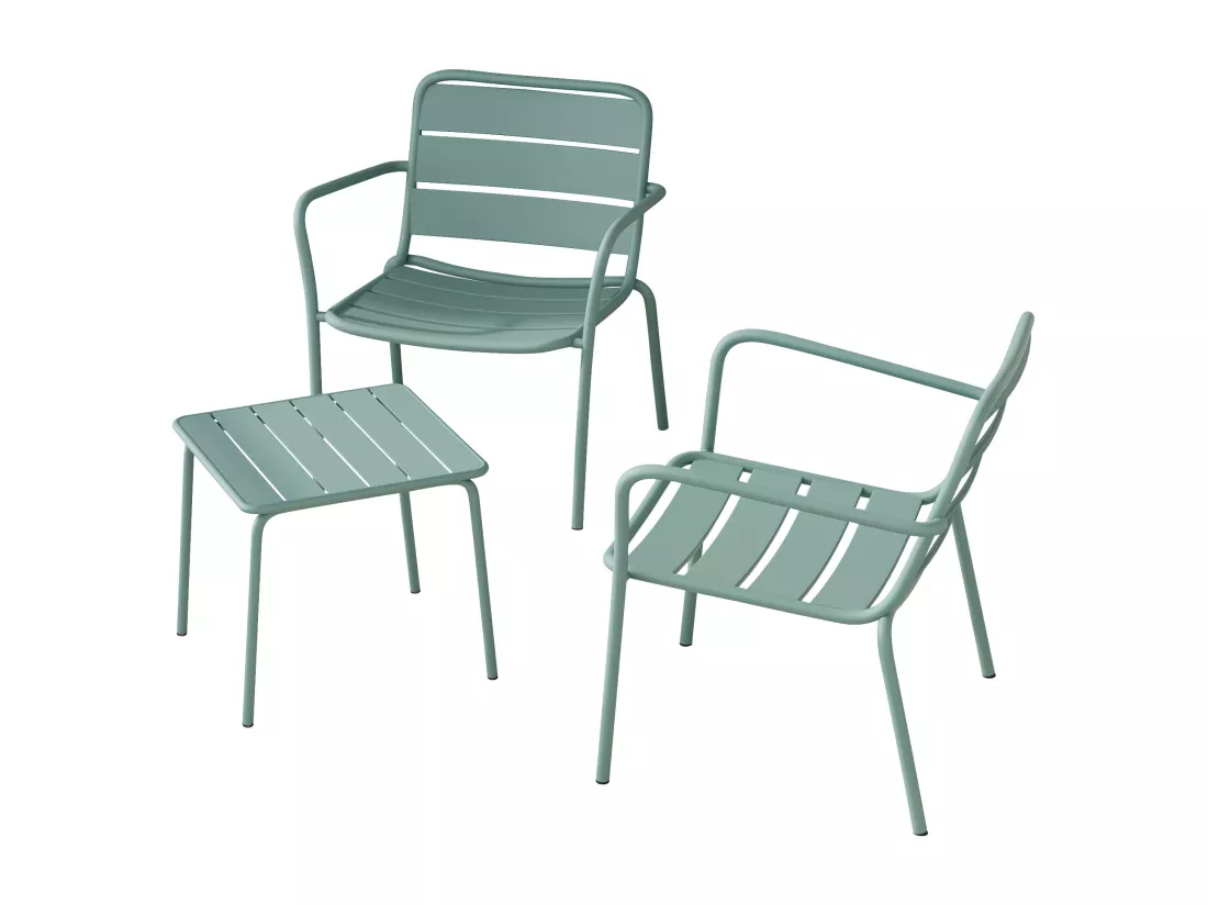 Salon de jardin en métal - 2 fauteuils bas empilables et une table d'appoint carrée - Vert amande - MIRMANDE de MYLIA