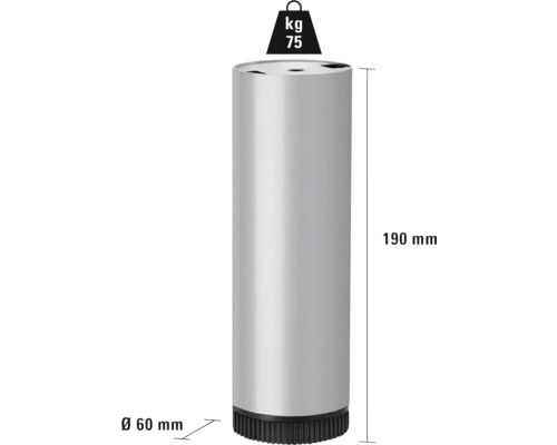 Tarrox ronde tafelpoot, 19 cm diameter, 60 mm in hoogte verstelbaar, zilver