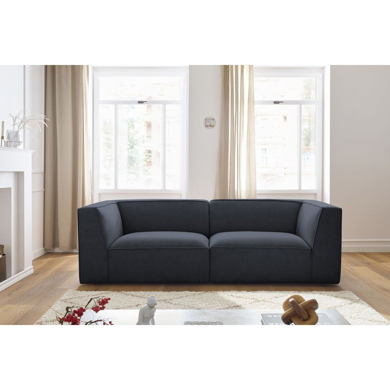 Bobochic Canapé droit fixe 3 places en Velours Molière bleu foncé - 233x99x71 cm